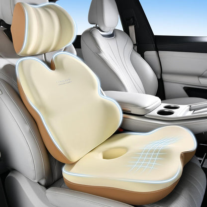 Coverado Lumbar Support Pillow and Seat Cushions for Office Chairs, Memory Foam Orthopedic Coccyx Cushion for Tailbone Pain Cushion Pillow & Back Pain Pressure Relief Seat Cushion Coffee&Beige