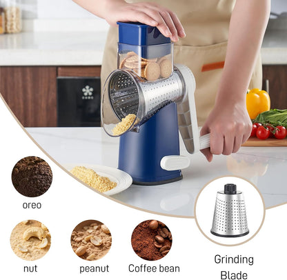 Weltonhm 4 in 1 Large Rotary Cheese Grater Hand Crank (black, 3 Graters) | Cheese Shredder Rotary and Slicer with 4 Stainless Steel Blades for Vegetables, Veggie and Cheese, Stronger Suction Base