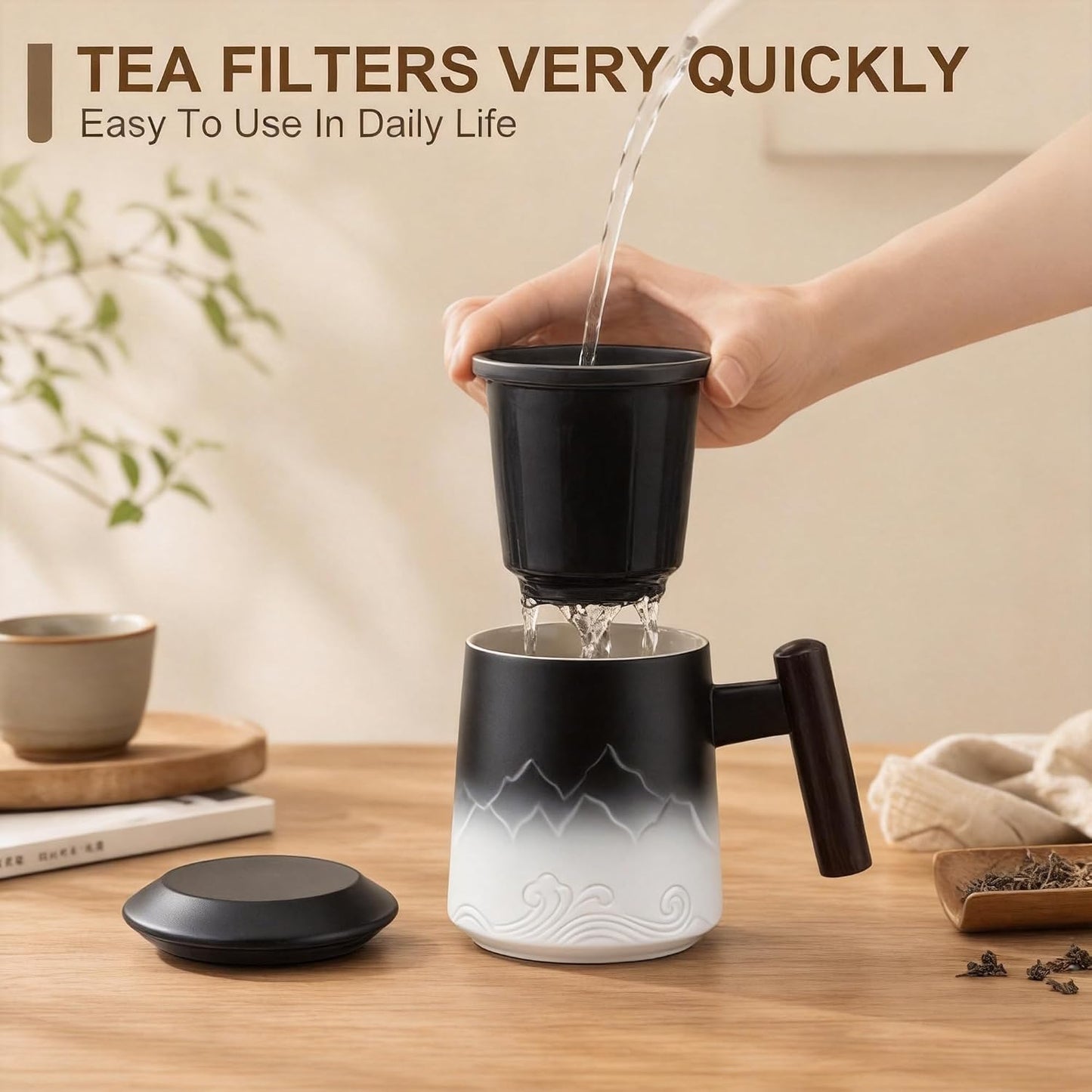 Tea Cup with Infuser and Lid, 14oz Ceramic Loose Leaf Tea Steeper Cup with Wood Handle and Cup Lid, Blue, Black | 14oz Ceramic Tea Mug with Lid, Loose Leaf Tea Steeper Cup with Wood Handle for Tea Lovers Gifts