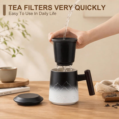 Tea Cup with Infuser and Lid, 14oz Ceramic Loose Leaf Tea Steeper Cup with Wood Handle and Cup Lid, Blue, Black | 14oz Ceramic Tea Mug with Lid, Loose Leaf Tea Steeper Cup with Wood Handle for Tea Lovers Gifts