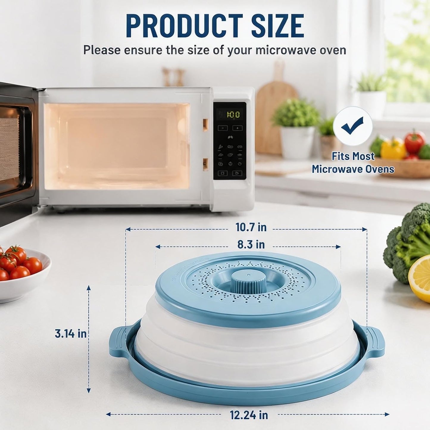 Collapsible silicone splash guard with tray -Microwave Place Mat & Food Cover can be used as a draining basket for washing vegetables and fruits. Vented Collapsible lid & Silicone Kitchen mat（Blue）