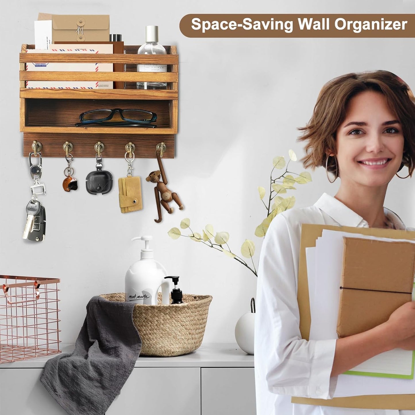 Key Holder Wall Mount with Mail Organizer, 5 Key Hooks, Brown | Wood Mail Organizer Wall Mounted with 5 Key Hooks & Storage Box and Mail Organizer for Entryway, Apartment, Home and Office