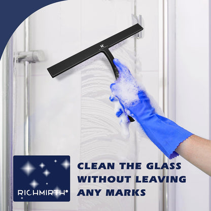 12 Inch Silicone Shower Squeegee for Glass Doors with Microfiber Cloth & Hook, Streak-Free Window Cleaner for Bathroom Mirror Tile Car, No-Scratch Squeegee with Rustproof Metal Core (Black)