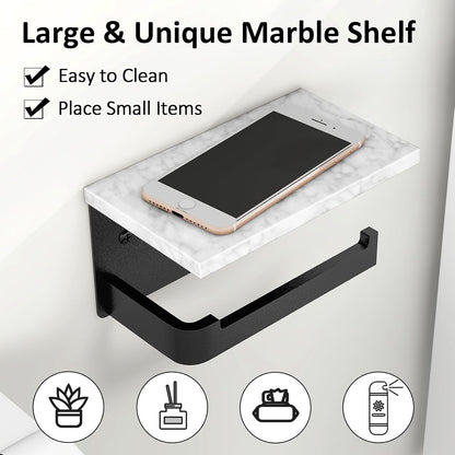 Gypie Toilet Paper Holder with Marble Shelf, Wall Mounted Matte Black | Toilet Roll Holder Black for Bathroom Washroom, Extended Base