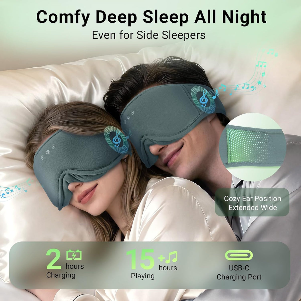 Bamboo Cotton Sleep Mask with Bluetooth Headphones, 100% Blackout, Grey