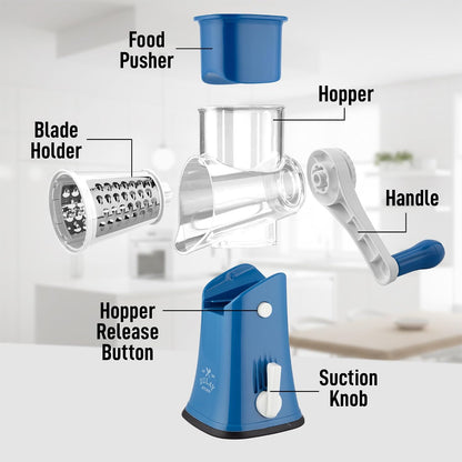 Zulay Kitchen Rotary Cheese Grater 5 Blade Cheese Shredder - Manual Hand Crank Cheese Grater With Reinforced Suction & 5 Interchangeable Drums - Easy to Use, Vegetable Chopper Round Mandoline Slicer - Colors A