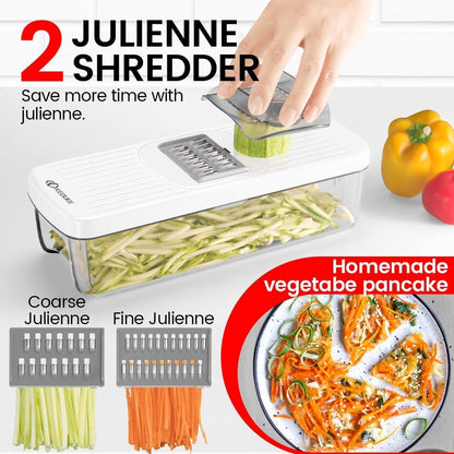 KEOUKE 8-in-1 Vertical Vegetable Chopper Mandoline Slicer with Container White - Safe Tap Out Dicer with Hand Guard for Kitchen Easy Food Prep, Onion Potato Veggie Fruit