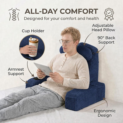 21 INCH Reading Pillow for Adults, Back Pillow for Bed Sitting Up, Backrest Pillow for Sitting in Bed, Detachable Arms with Built-in Cup & Phone Caddy (Gray, 21 INCH)