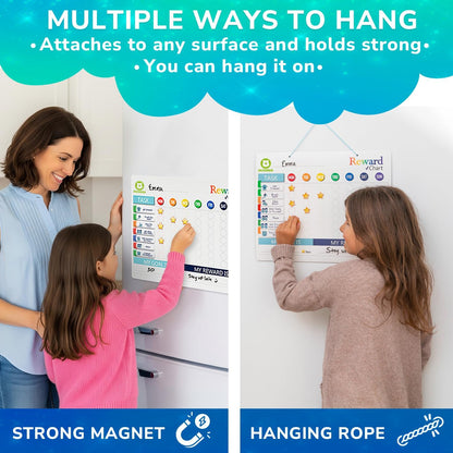 Magnetic Chore Chart for Kids - Reward Behavior Chart for Kids at Home | Dry Erase Morning Routine Schedule Board - Responsibility Star Chart for Toddlers 3-5 - 48 Magnets and 49 Stars