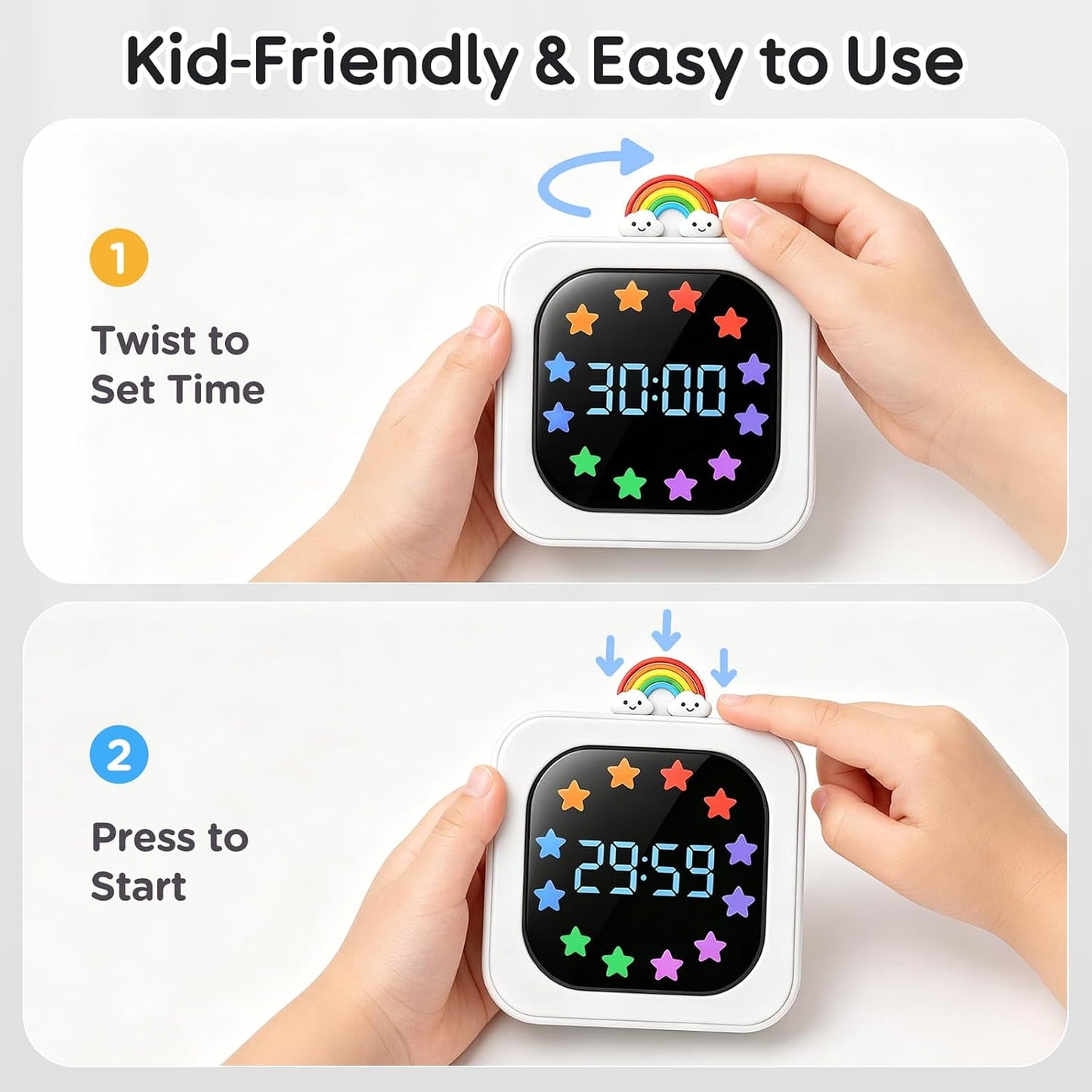 Digital Visual Timer for Kids with 12-Star Rainbow Display & 9 Color Modes | 99-Minute Count-Up & Countdown Timer with Silent Mode & Pause for Classroom, Home, Kitchen, Rechargeable, White