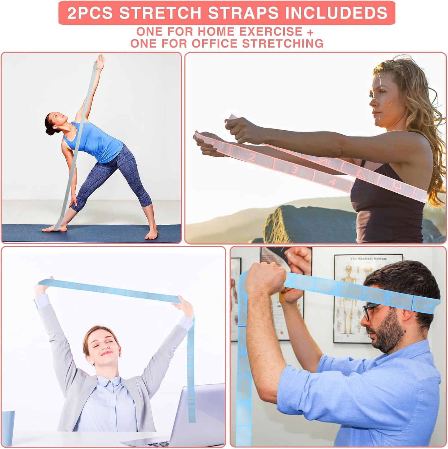 Elastic Yoga Stretching Strap with Loops, CEILIWEN Stretch Straps for Physical Therapy, Pilates Stretch Band, Elastic Exercise Bands, Leg Stretching Strap, Stretch Resistance Bands for Exercise