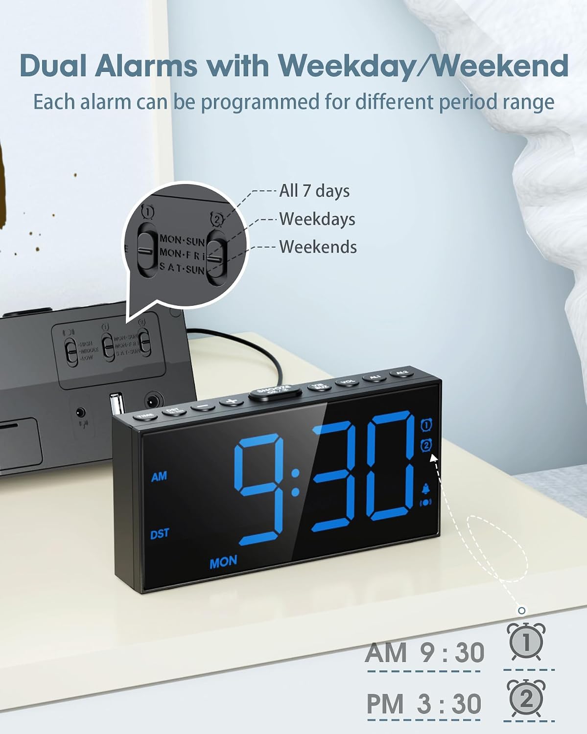 Roxicosly Vibrating Alarm Clock with Bed Shaker for Heavy Sleepers, 3-Level Vibration, Dual Alarms with Weekday & Weekend Mode, Large Digits, Dimmer, Snooze, USB Charger, Battery Backup