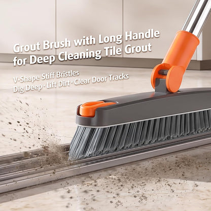 AIR U+ Heavy Duty Grout Scrub Brush with Long Handle & Hair Clip | 180° Swivel Scrub Brush V-Shape Grout Line Scrubber Stiff Bristles for Deep Cleaning Crevice, Tile Line, Corners