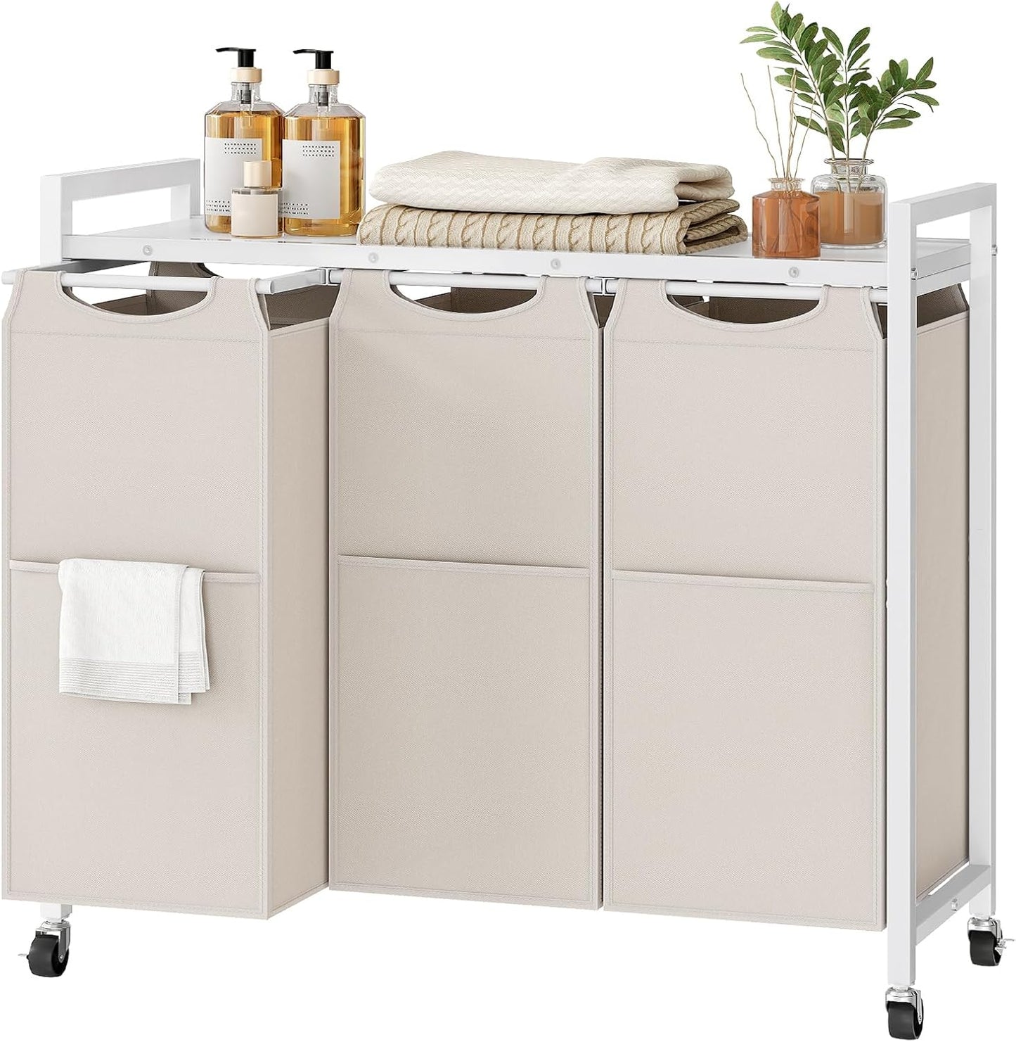 HOOBRO Laundry Sorter 3 Section, Laundry Hamper with Wheels, 3 × 11.5 Gal (43.4L), Rolling Laundry Basket, Pull-Out and Removable Oxford Fabric Laundry Bags, Rustic Brown and Grey BFG76XY01