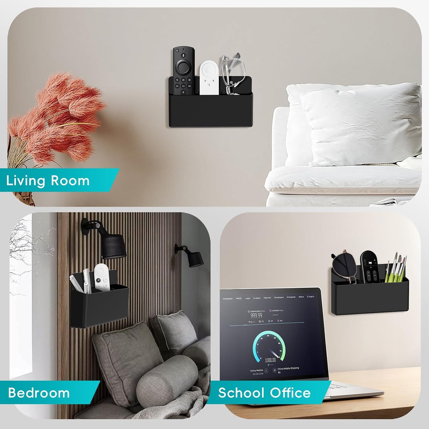 DRQ 2-Pack Remote Control Holder, Adhesive Wall-Mount Remote Holder, Black | TV controller organizer doubles as a wall pen holder for desk accessories and small-item storage at home, office, or school.
