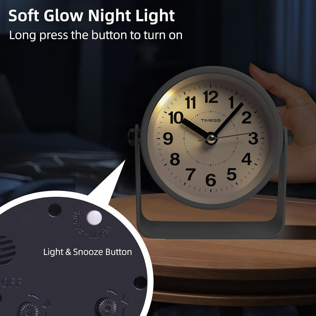TIMESS Analog Alarm Clock with Snooze & Light, Silent Non-Ticking, White
