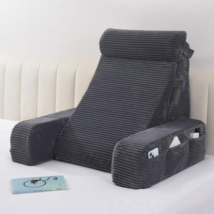 Vekkia 21" Reading Pillow for Adults with Armrests and Adjustable Backrest | Back Support, Washable Cover, XL Pockets, Multi-Density Foam for Zoned Support, Ideal for Reading TV Relaxing Gaming, Gray