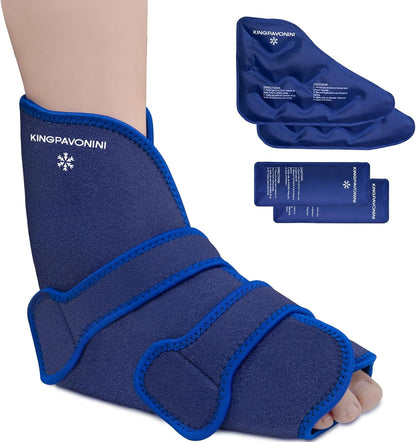KingPavonini Ankle Foot Ice Pack Wrap, XL, Blue, 1 Wrap + 4 Gel Packs