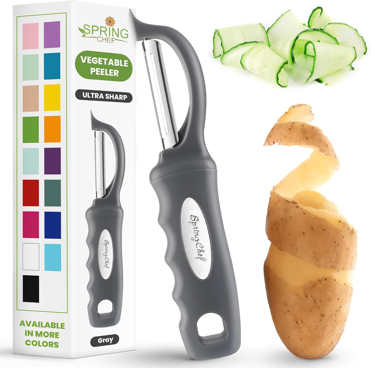 Spring Chef Swivel Vegetable Peeler for Kitchen w/Soft Grip Handle, Black | Premium Potato Peeler w/ Ultra Sharp Stainless Steel Blades, Multifunctional Veggie Peeler for Apple, Carrot, Cucumber, Fruit