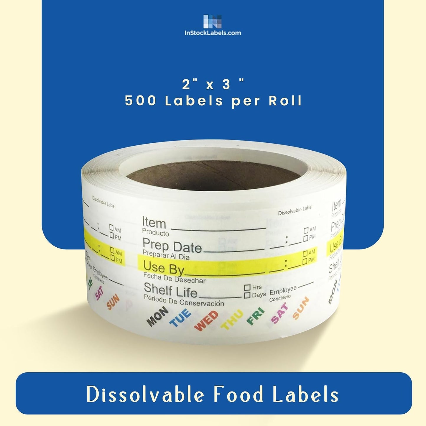 InStockLabels Dissolvable Food Rotation Labels, 2 x 3 Inch, 500 Labels | Rotation food stickers for kitchen and restaurant supplies, jars, containers, freezer storage, prep stations, and catering