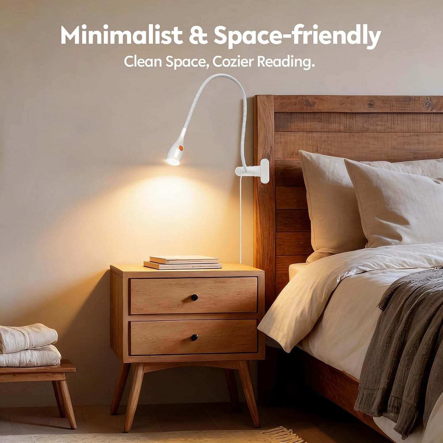 acegoo Minimalist Clip On Reading Light, Head Switch Headboard Book Lamp | With USB-C Adapter, Flexible Neck, Amber NightLight, All-Metal Design, CRI 90+, For Bed Headboard Bedroom Home Desk, Black