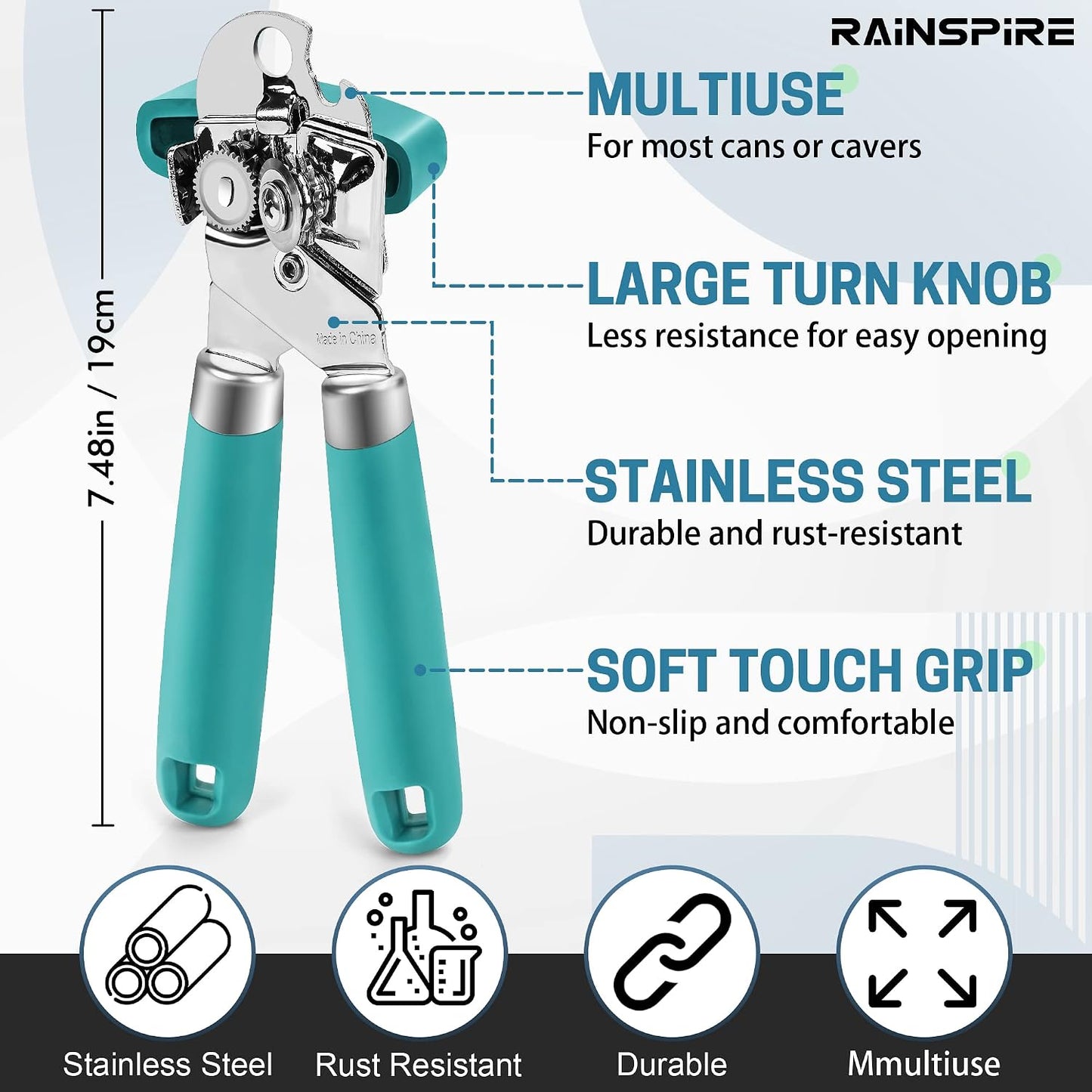 Rainspire Can Opener Manual Handheld Strong Manual Can Opener Smooth Edge Cut, Can Opener Heavy Duty, Comfortable Soft Handle, Built-in Bottle Opener, Turquoise