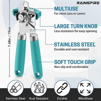 Rainspire Can Opener Manual Handheld Strong Manual Can Opener Smooth Edge Cut, Can Opener Heavy Duty, Comfortable Soft Handle, Built-in Bottle Opener, Turquoise