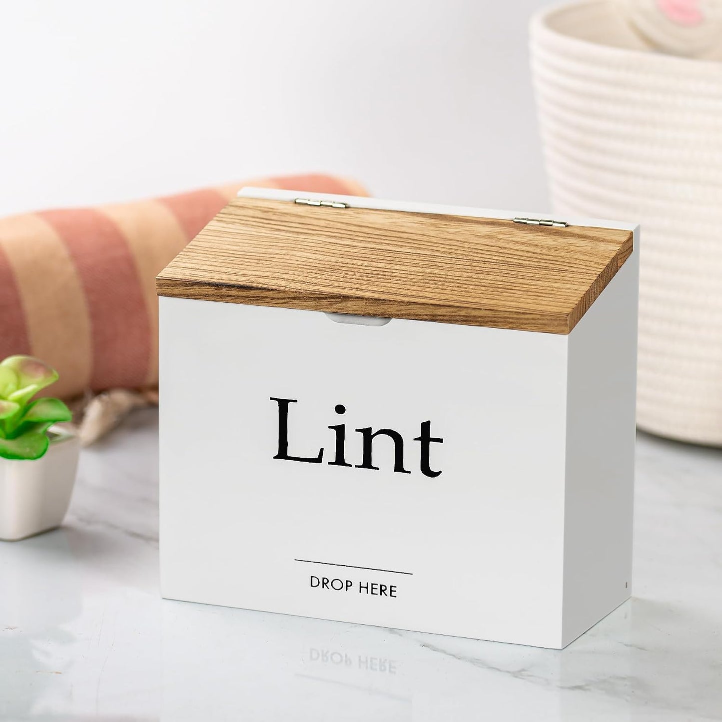 Magnetic Lint Bin for Laundry Room, Compact Size | Wooden Dryer Lint Bin with Lid - Rustic Lint Box, Magnetic Bin - Modern Farmhouse Laundry Room Decor, Black with Torched Lid