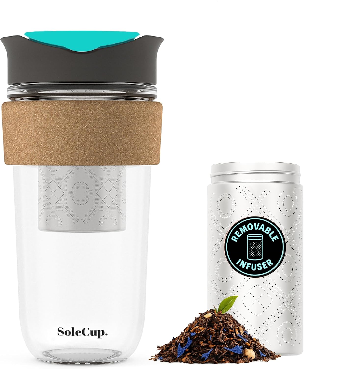 Large Travel Mug Loose Tea Infuser - Detachable Tea Strainer with Spill Proof Lid - 18oz/530ml BPA-Free Reusable Glass Travel Coffee Cup with Cork Band (Pink, 18oz)