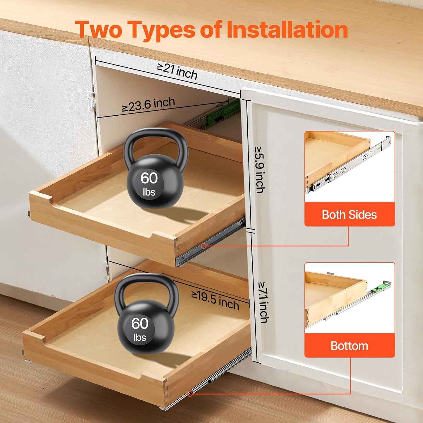 VEVOR Pull Out Cabinet Organizer, 14"W x 21"D Cabinet Drawer, Soft Close Slide out Shelf, Heavy-Duty Sliding Wood Drawer, Bottom Mount Size（14.5"W x 23"D）and Side Mount Size（15"W x 23"D） | Heavy-Duty Sliding Shelf with Bottom or Side Mounting for