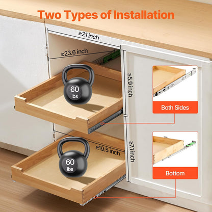 VEVOR Pull Out Cabinet Organizer, 14"W x 21"D Cabinet Drawer, Soft Close Slide out Shelf, Heavy-Duty Sliding Wood Drawer, Bottom Mount Size（14.5"W x 23"D）and Side Mount Size（15"W x 23"D） | Heavy-Duty Sliding Shelf with Bottom or Side Mounting for