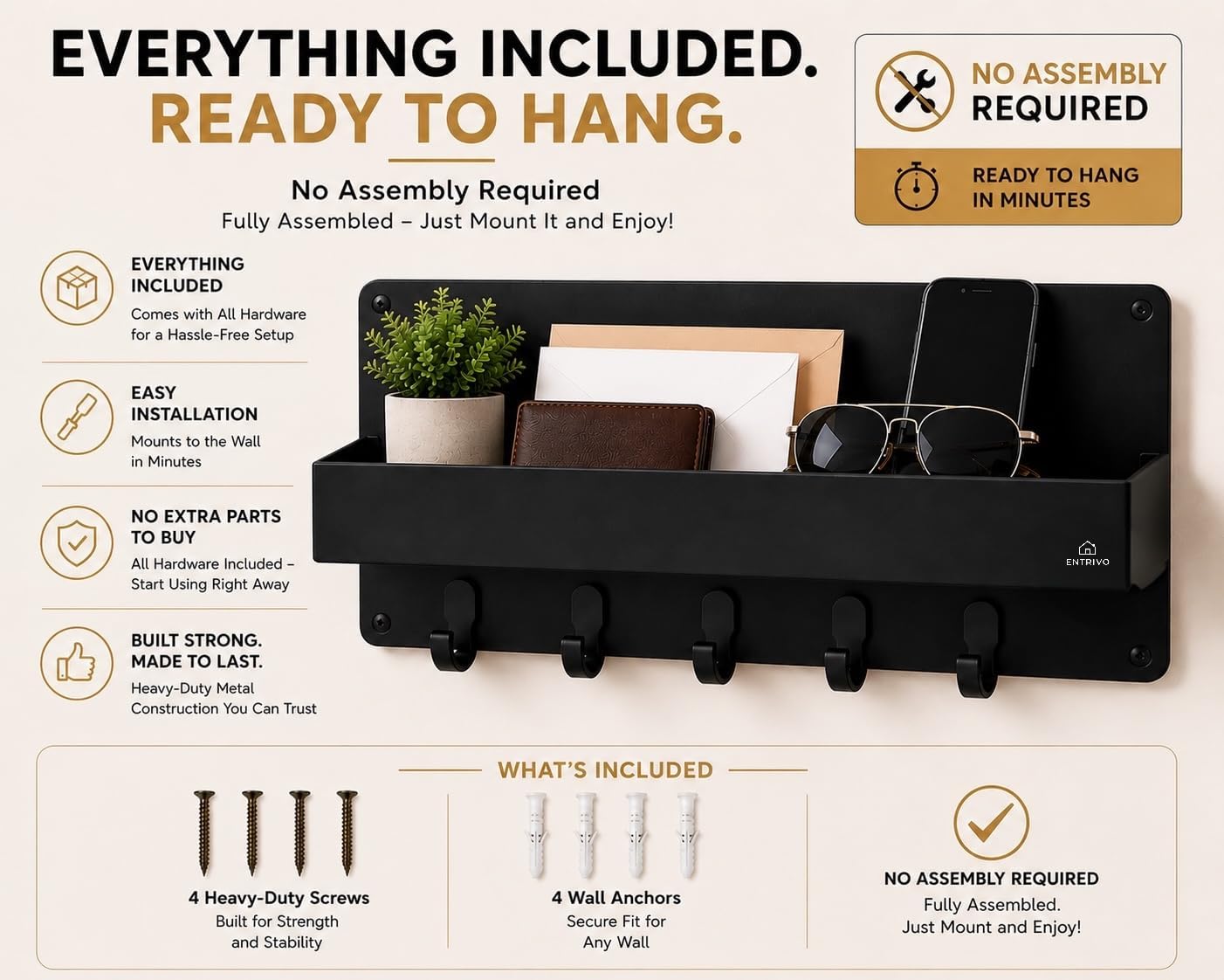 Modern Large Wall Mounted Key Holder with Deep Shelf, Entryway Organizer with 5 Heavy Duty Hooks, Metal Key Rack for Wall, Mail Holder & Dog Leash Hanger, Black