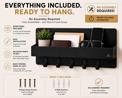 Modern Large Wall Mounted Key Holder with Deep Shelf, Entryway Organizer with 5 Heavy Duty Hooks, Metal Key Rack for Wall, Mail Holder & Dog Leash Hanger, Black