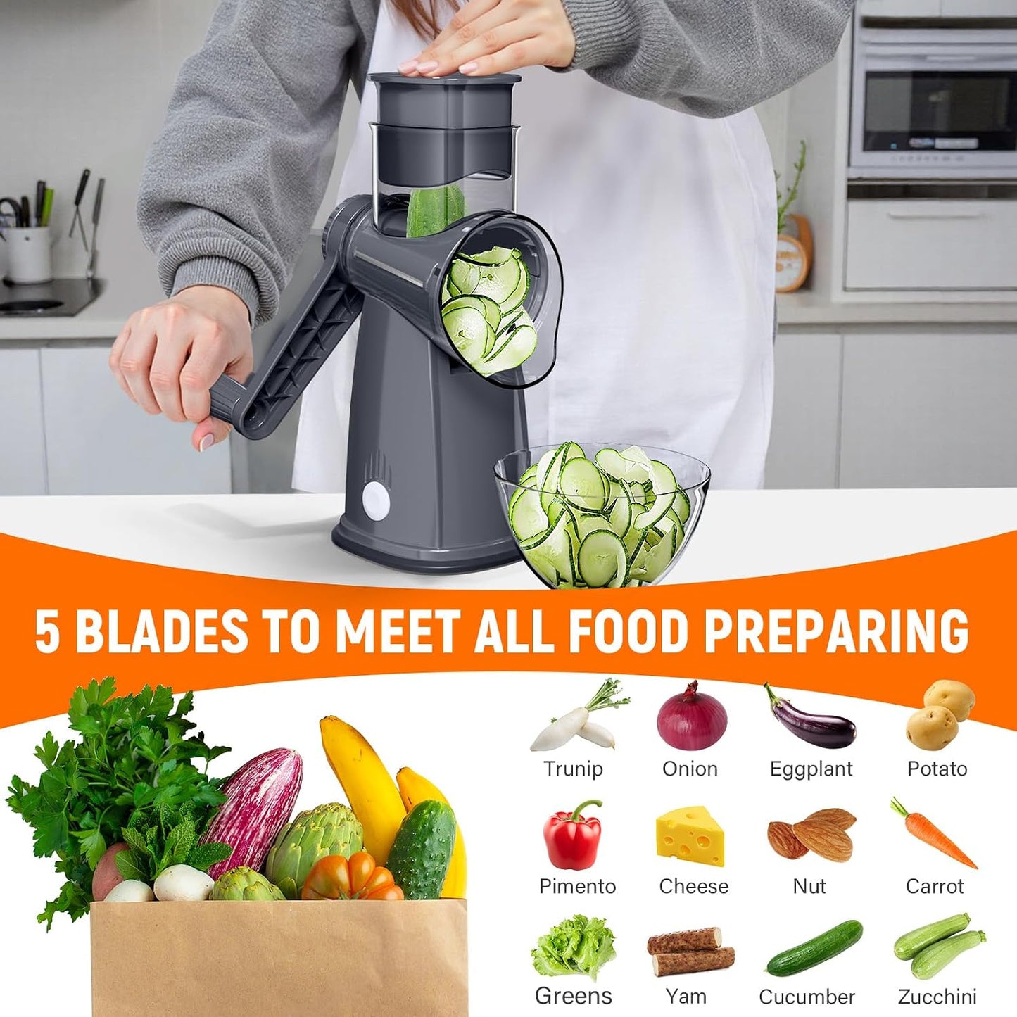 Rotary Cheese Grater Hand Crank with 5 Interchangeable Blades, Vegetable Slicer Chopper for Fruit Vegetable Nuts, Mandoline Slicer for Kitchen with Blades Rack & Suction Base, White