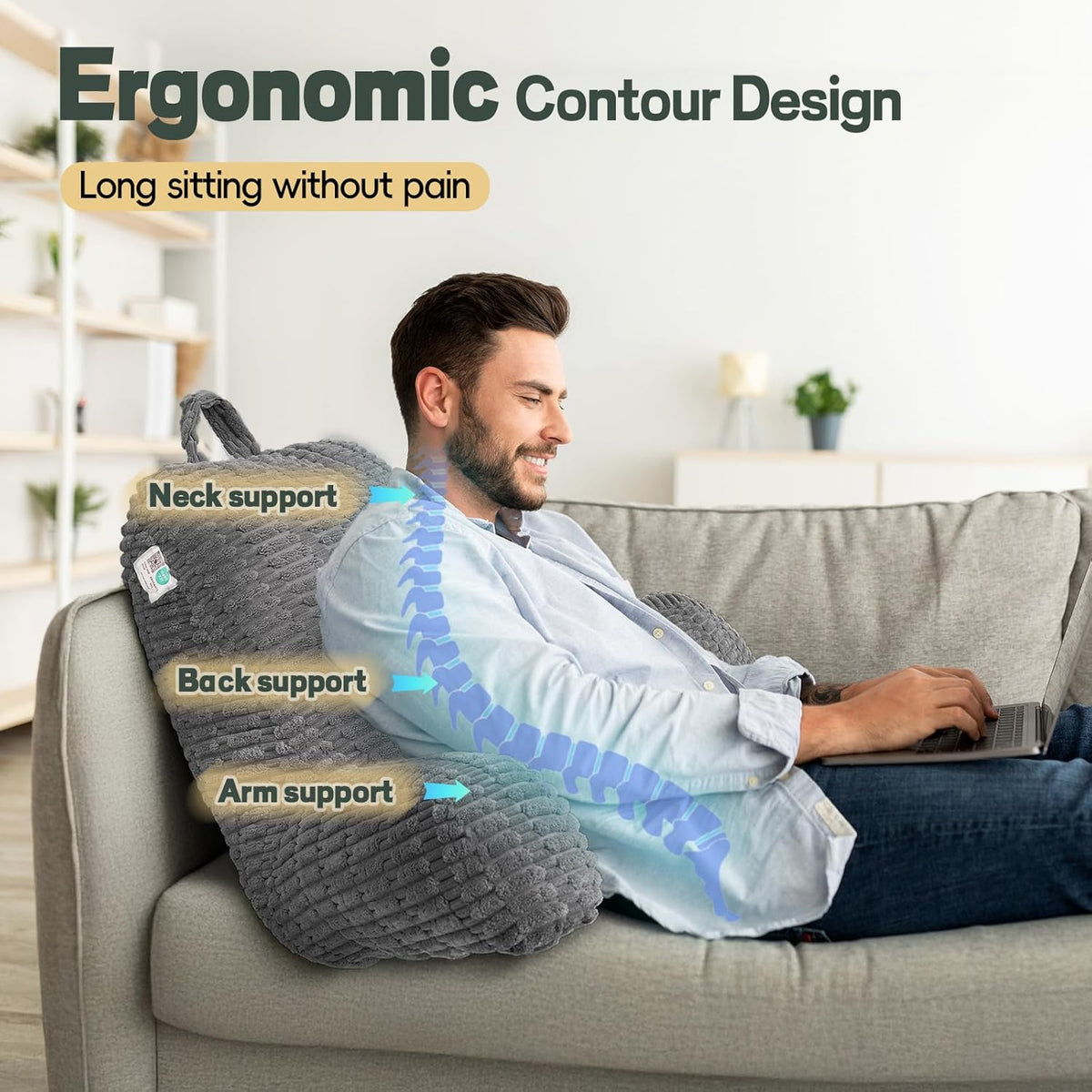 21" Higher Large Reading Pillow for Bed Adult, Back Pillow for Bed Sitting Up with Memory Foam Back Support with Arms Rest for Couch Chair Gray