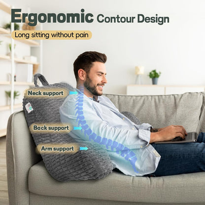 21" Higher Large Reading Pillow for Bed Adult, Back Pillow for Bed Sitting Up with Memory Foam Back Support with Arms Rest for Couch Chair Gray