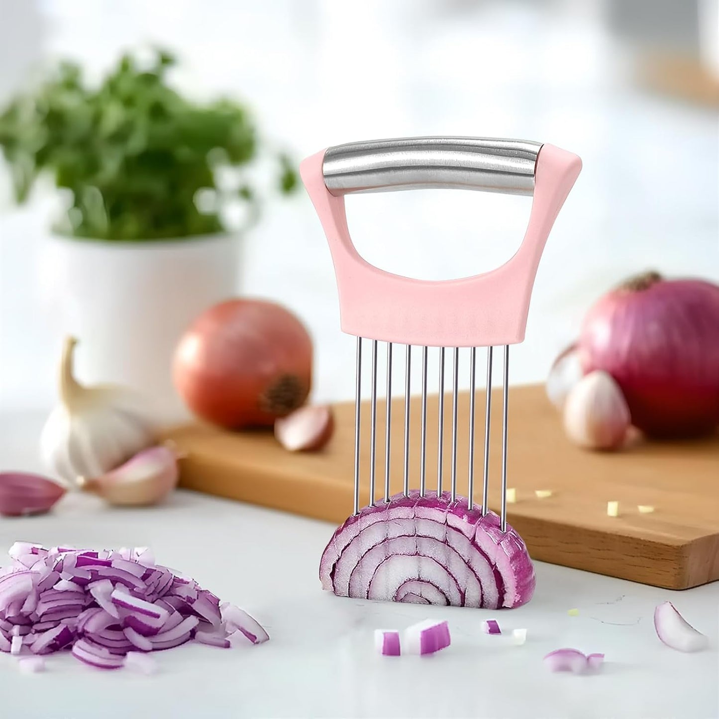 Stainless Steel Onion Holder for Slicing,Onion Slicer Holder,Kitchen Gadget | Green Onion Slicer Holder, Onion Cutter for Slicing of Onions, Tomatoes, Avocados, Eggs and Other Vegetables