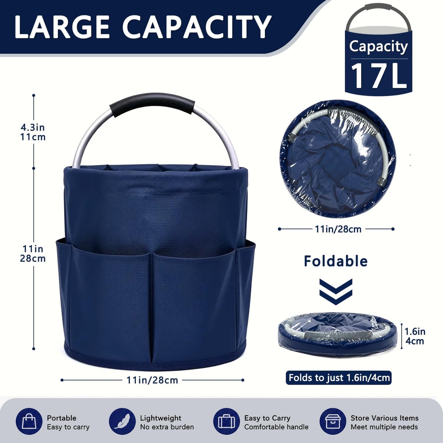 Cleaning Caddy with Handle, 17L Foldable Storage Basket, Heavy Duty 600D Oxford Cloth Organizer, Portable Supply Bag, Multi-Purpose Supplies Caddy for Home, Bathroom, Kitchen, Garden - Black