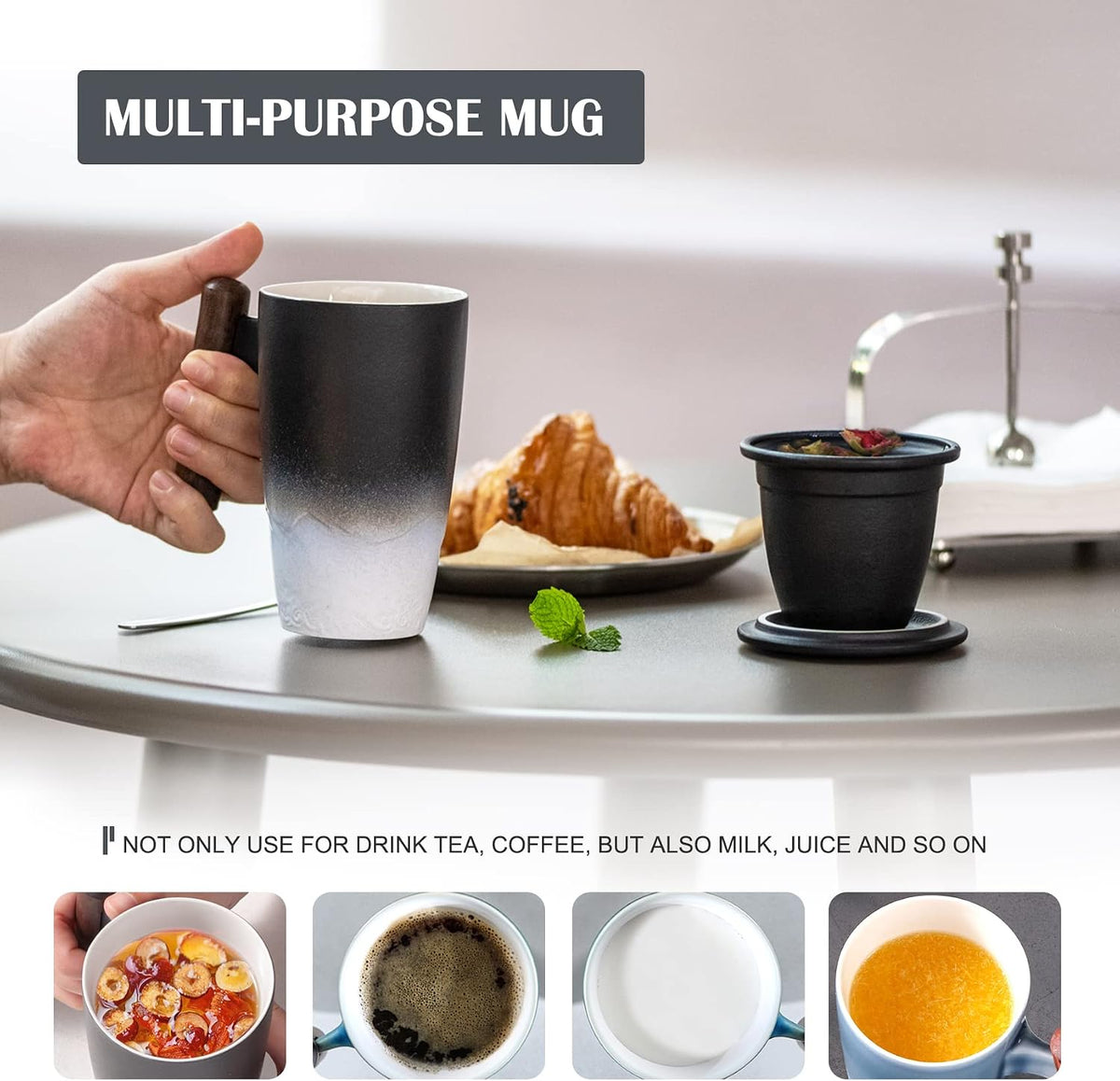 suyika Ceramic Tea Cup with Infuser and Lid Tea Mugs Wooden Handle 400ml/13.5oz Dark Green