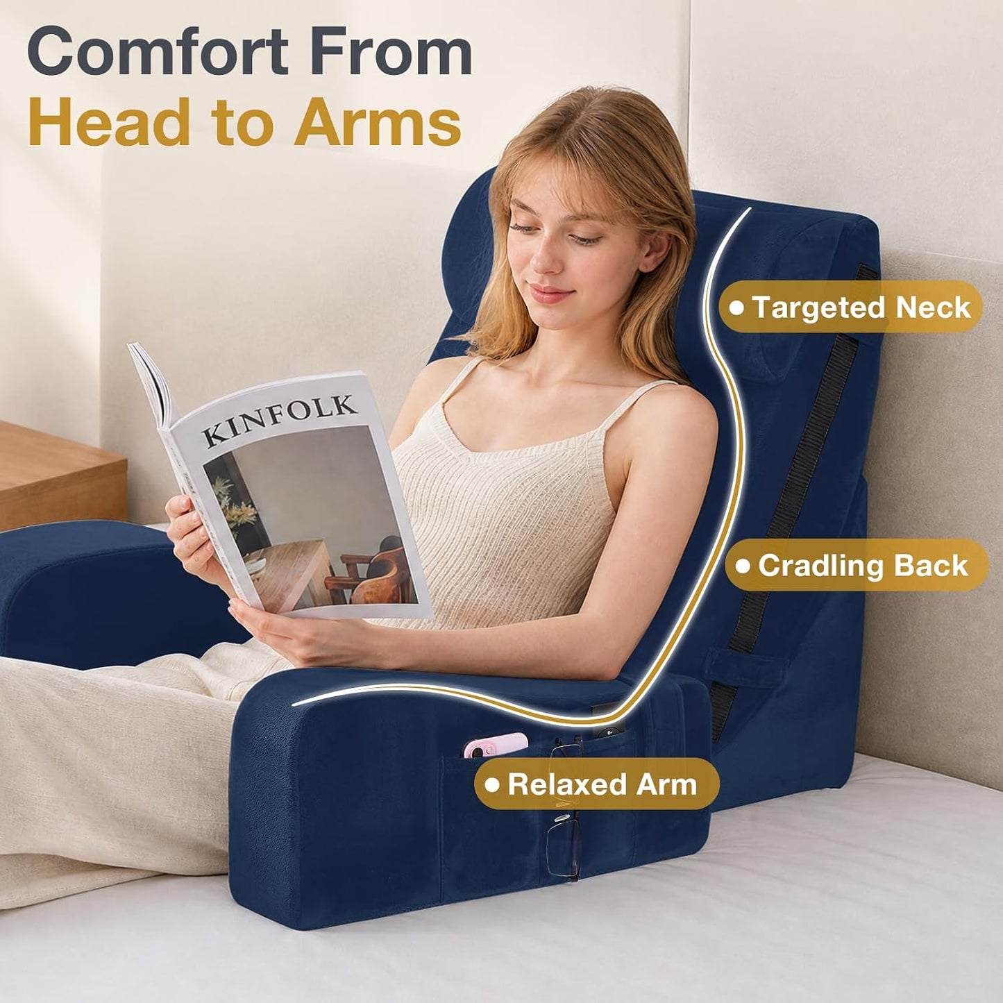 Sasttie 15-25 inch Adjustable Reading Pillow with Armrests, Dark Grey | Back Rest Pillow with Secure Side Straps, Memory Foam Back Support Cushion Bed Chair for Reading, Gaming & Relaxing