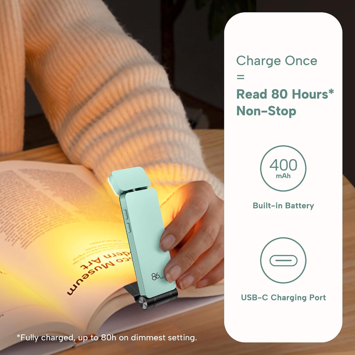 86lux Book Light, Rechargeable Reading Lights for Books in Bed | Ultralight Clip-on LED Bookmark Lamp with 3 Amber Colors & Stepless Dimming for Night Reading for Book Lovers, Ashen
