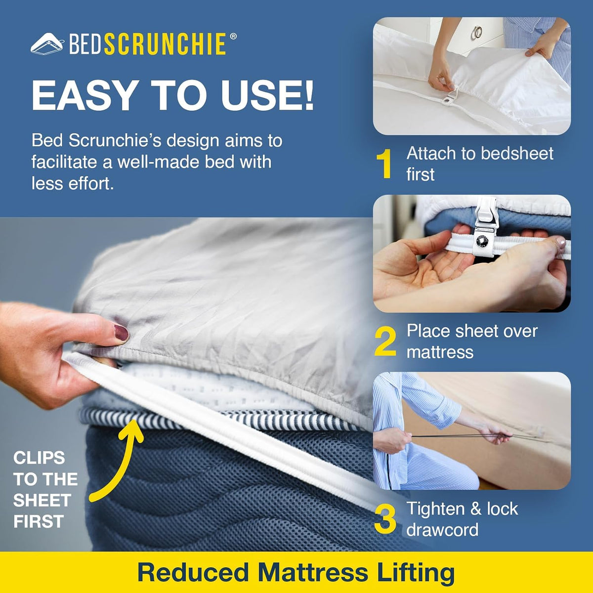 BED SCRUNCHIE Sheet Holder Straps - Heavy Duty Gripper Clips - Strengthened Parachute Cord - 360 Degree Bed Sheet Tightener - Strongest and Effective Extender - Fits All Mattress Sizes