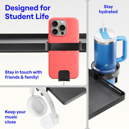 BedShelfie Bedside Shelf for Dorm Room Bunk Bed & Top Bunk, College Dorm Room Essentials, Bedside Caddy, Clip on Floating Desk Tray, Bed Side Table Storage, Loft Nightstand Decor - Cable Catch, Black