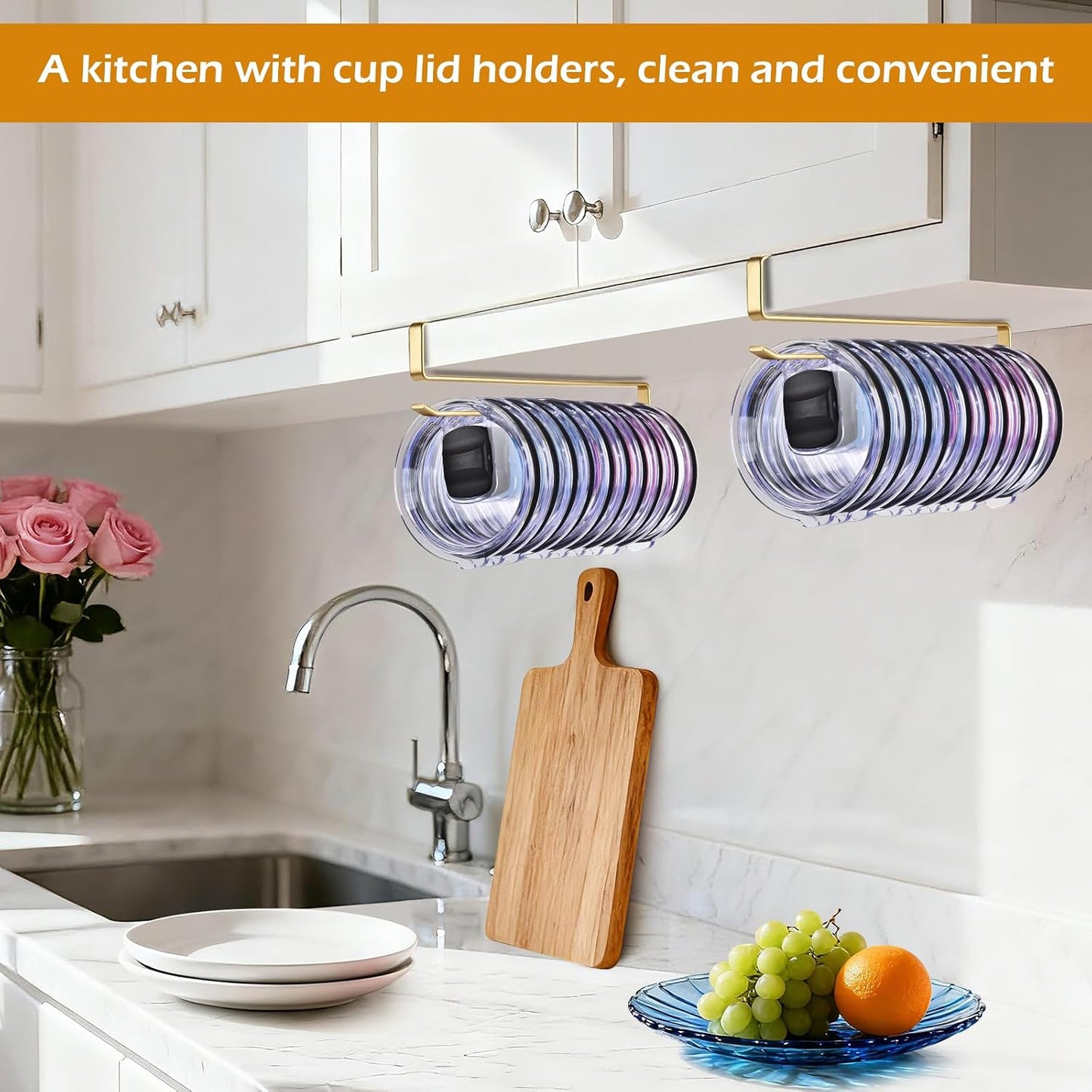 LWGFIO 2 Pack Tumbler Lid Organizer, Under Cabinet Cup Lid Holder, Black | Iron racks, 10.24-inch length, slide onto shelves, no drilling or adhesive, space-saving kitchen storage inside cabinets