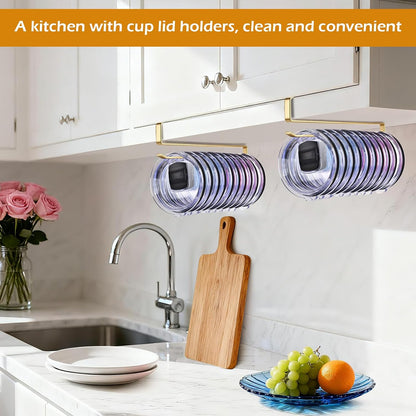 LWGFIO 2 Pack Tumbler Lid Organizer, Under Cabinet Cup Lid Holder, Black | Iron racks, 10.24-inch length, slide onto shelves, no drilling or adhesive, space-saving kitchen storage inside cabinets