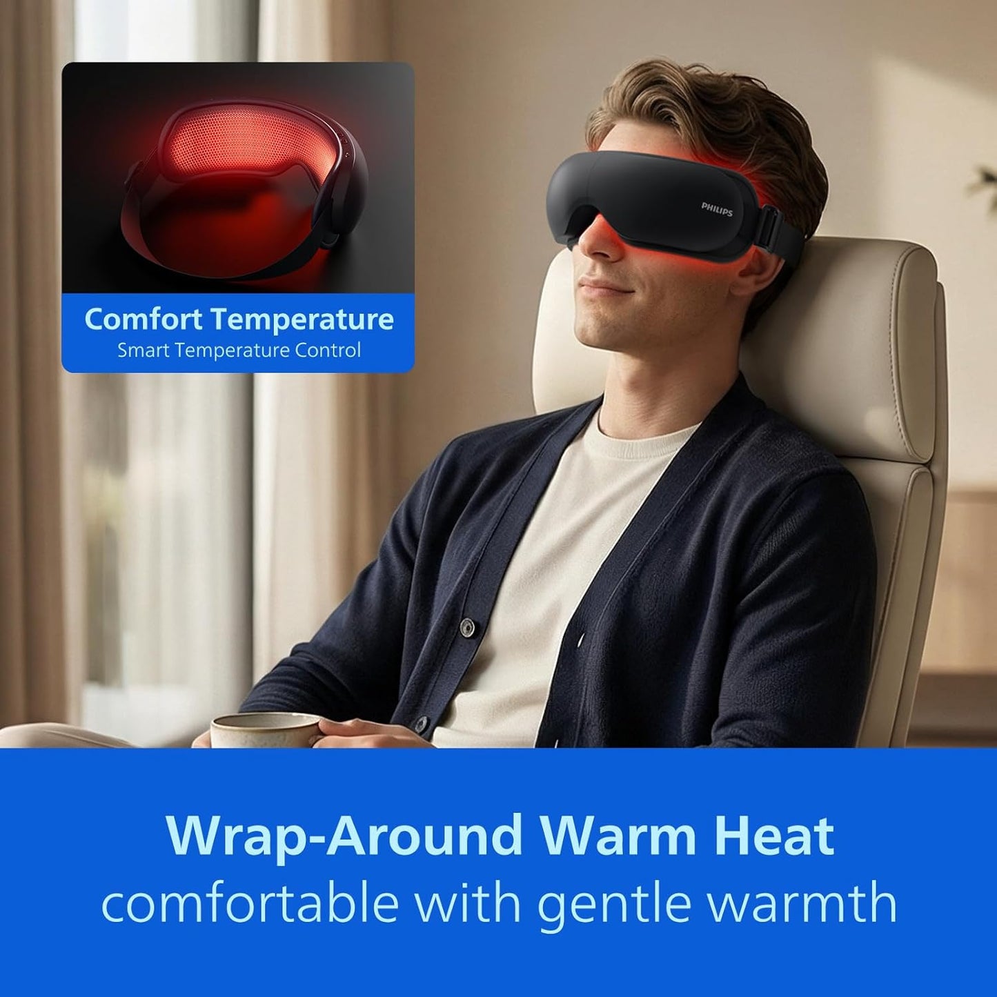 PHILIPS Eye Massager with Heat, Warm Compress for Headache, Migraine Relief | Rechargeable portable eye mask for home, office & travel; relieves stress & headache, ideal gift for women & men