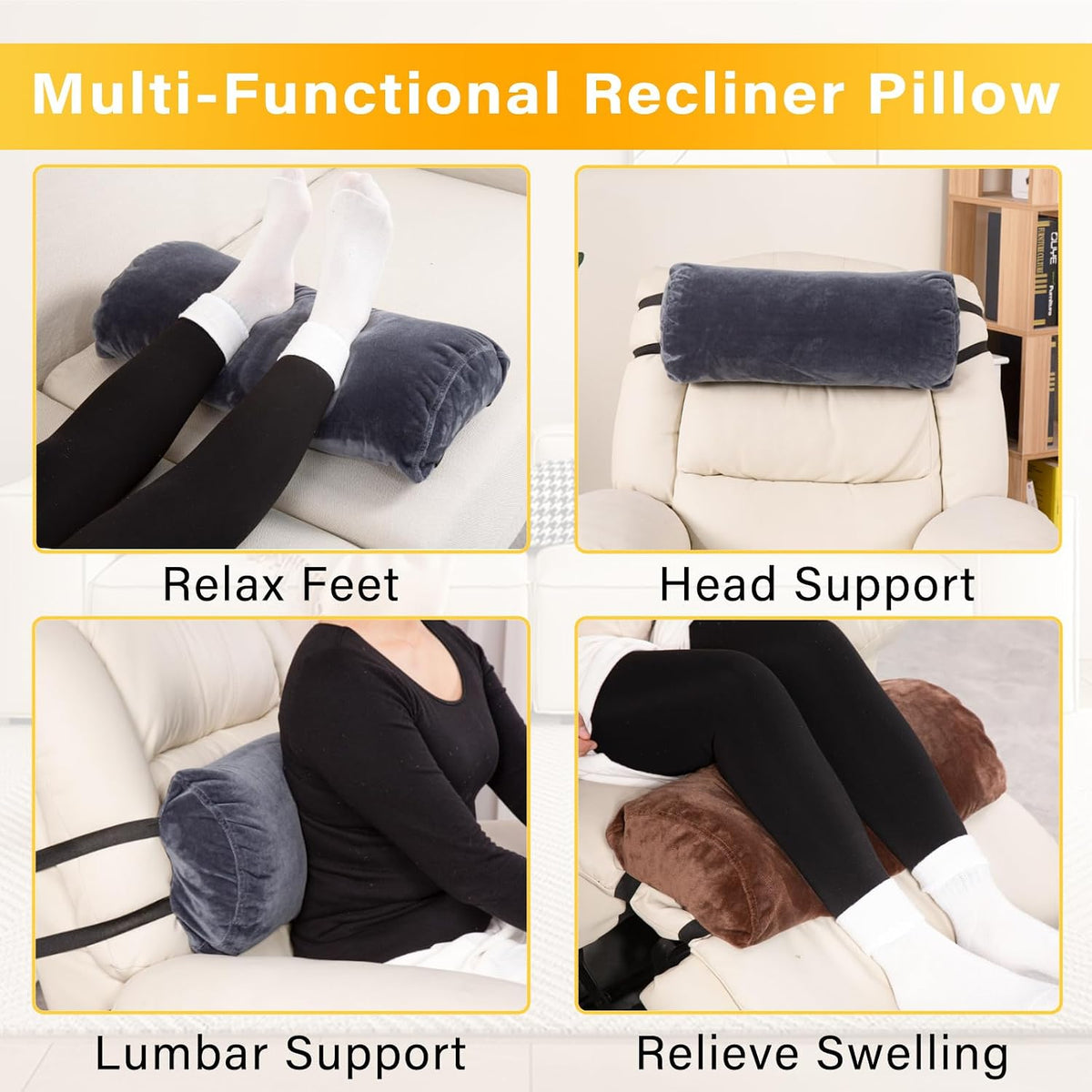 1 MIDDLE ONE Recliner Leg Rest Cushion with Strap, Memory Foam Under Knee Pillow for Back Sleeping and Foot Elevation, Half Moon Bolster Pillow for Chair, Head, Lumbar Support, 23x9x4in (Grey)
