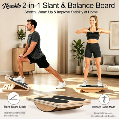 2-in-1 Wooden Slant Board for Calf Stretching & Balance Board | 5-level adjustable calf stretch board for Achilles stretch, ankle mobility, physical therapy, and stability training