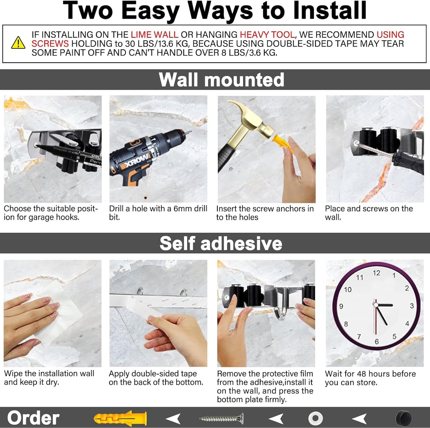 SUS304 5 Racks and 4 Hooks Mop and Broom Holder Wall Mount | Heavy Duty Self Adhesive Solid Non-slip Broom Organizer Storage Tool Racks for Home Kitchen Garden Laundry Garage