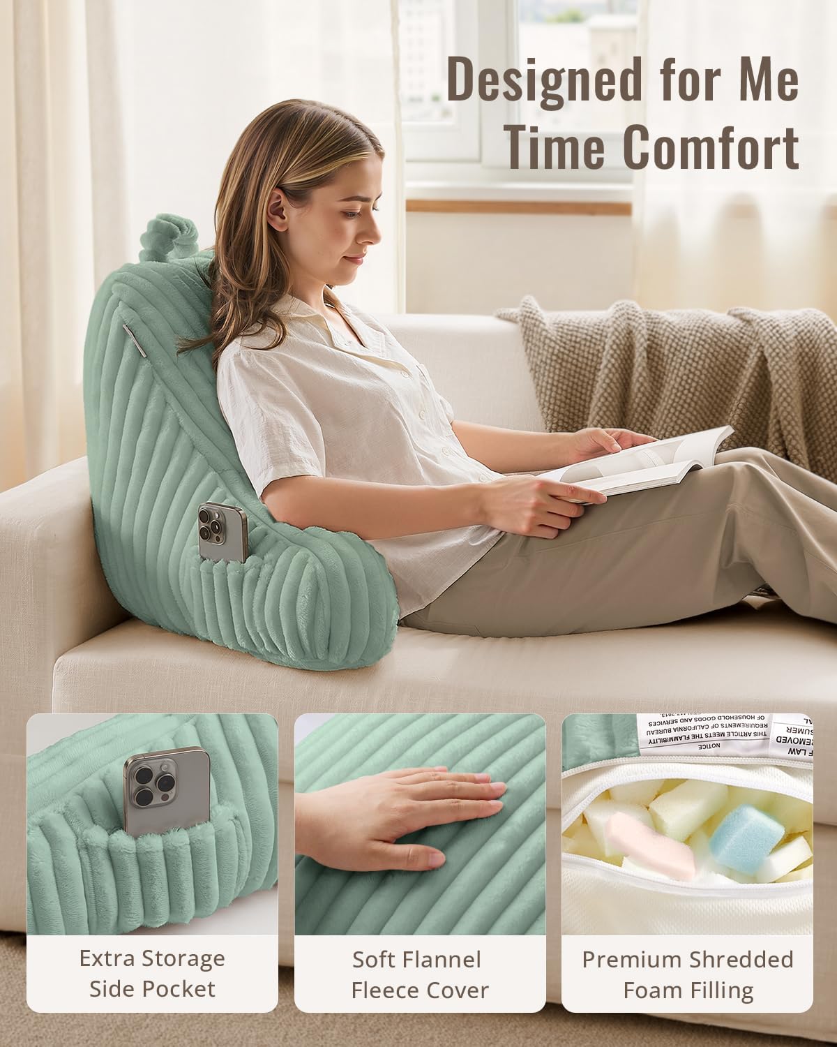 Blissful Diary Reading Pillow, Backrest Pillow with Shredded Memory Foam for Adult & Children, Designed for Bed and Couch Sitting Up, Includes Arms, Pockets and Washable Cover, Off White
